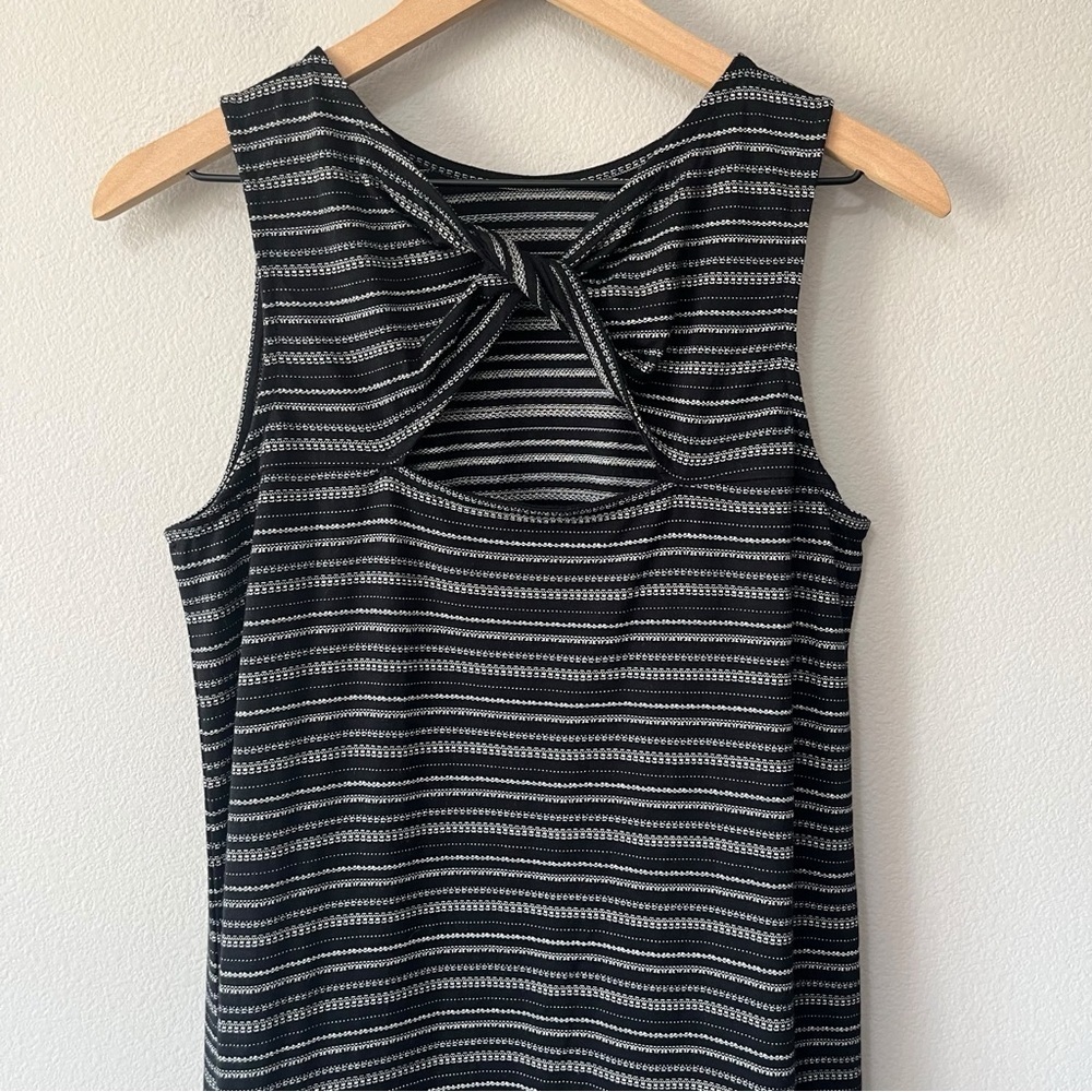 LOFT Jacquard Twist Cutout Back Midi Shift Dress Black Striped Size Small NEW - Picture 8 of 14